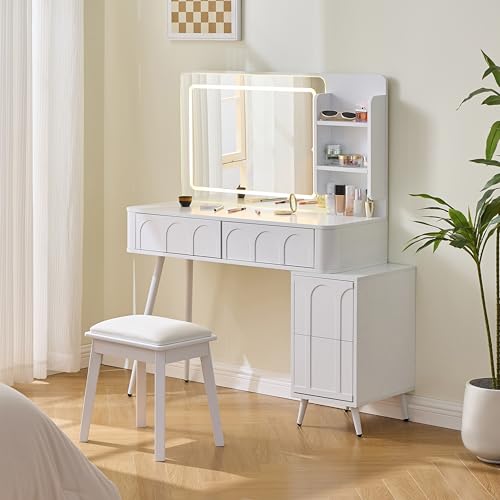 Image of JIVOIT Modern Makeup Vanity Desk with Mirror, Dressing Table Set with Stool, Unique Fluted Waveform Panels, Space-Saving Vanity Set with 4 Drawer, Strong Metal Legs, Easy Assembly (White / /3)