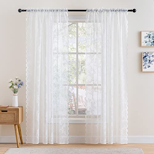 Miulee White Lace Curtains 84 Inches Long For Living Room Bedroom, Scalloped Sheer Curtains Rose Floral Embroidered Farmhouse Window Drapes Vintage European Tulle Retro Style, Rod Pocket, 2 Panels Set #TOP1