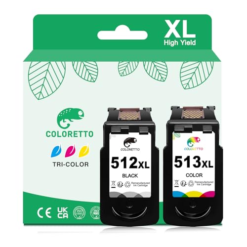 COLORETTO 512XL 513XL Negro y Color Cartuchos de Tinta para Canon 512 y 513 para Canon MP480 MP490 MP230 MP240 MP250 MP260 MP270 MP280 MX320 MX350 MX360 MX410 Remanufacturado ⭐