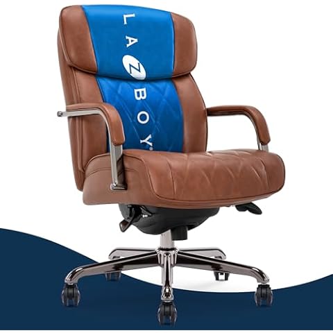 La-Z-Boy® Symphony Executive Mid-Back Office Chair, Diamond Quilt Design, Pocket Coil Cushion, Padded Armrests, Ergonomic Computer DeskChair, Swivel Metal Base, Bonded Leather, Cognac and Graphite Cover