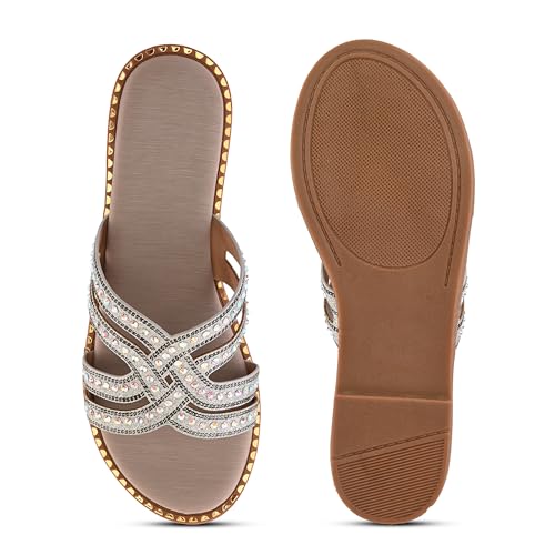 Image of Centrino Women's Beaded Flat Sandals| Open Toe Stylish Slip-On Sandals for Ladies | Metallic Crisscross Straps with Soft Cushioned Footbed for Comfort | Lightweight Casual Fashion Footwear (9305)