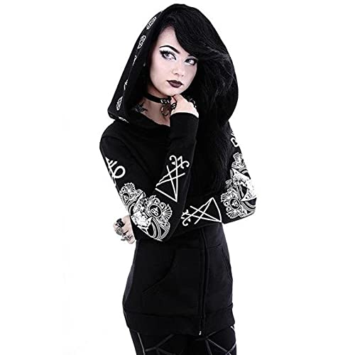 ZXCB Gothique Punk Print Hoodies Sweatshirts Femmes Manches Longues Black Veste Noire Manteau Fermeture à glissière Automne Hiver Femme Casual Tops Cover