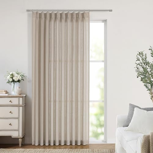 Image of Vision Home Sand Pinch Pleated Semi Sheer Curtains Textured Linen Blended Light Filtering Window Curtains 95 inch for Living Room Bedroom Patio Pinch Pleat Drapes with Hooks 1 Panel 60 inch Wx95 L