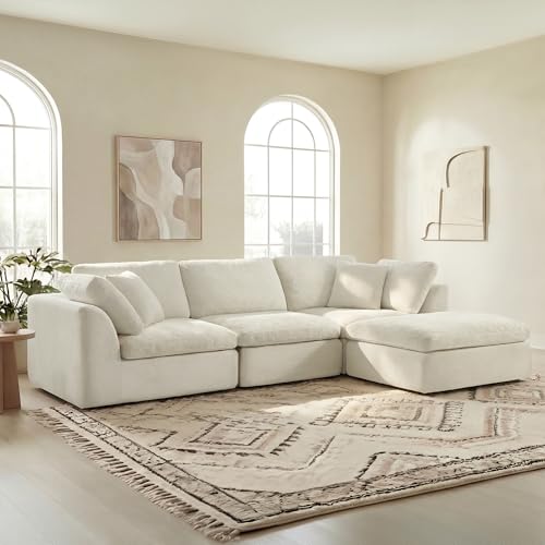 Image of CHITA 108 inch Cloud Sectional Couches for Living Room, Boneless L-Shape Sofa with Ottoman, 3 Seater Modular Sectional Sofa, Cream