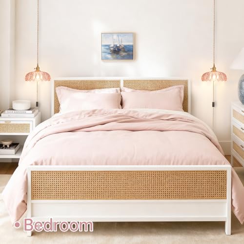 Image of Shenmoyl Plug in Pendant Light Hanging Light Fixtures with Plugin Cord On /Off Switch,Pink Scindapsus Glass Lampshade Brass Pendant Light