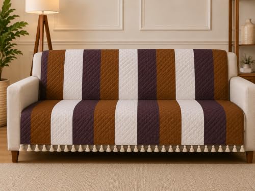 Image of Velvet Quilted Sofa Cover for 2 Seater (48 x 60 Inches) | Stripes | Anti-Slip Soft Washable Sofa Seat Cover | Furniture Protector with Tassels