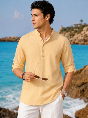 Image of Majestic Man Men's Pure Cotton Solid Mandarin Collar Slim Fit Roll-Up Sleeves Short Kurta Lightweight Summer Kurta for Daily & Occasion Use