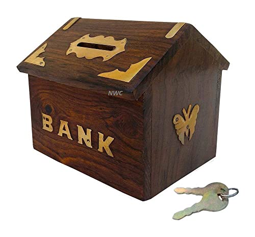 Image of Handmade Wooden Piggy Bank | Wooden Money Box with Lock | Wooden Coin Box | Wooden Money Bank Coin Storage Bank for Kids and Adults, Brown (Wooden Money Bank Coin Storage Kids 10)