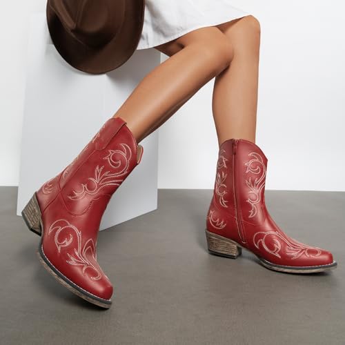 DREAM PAIRS DREAM PAIRS Women's Cowboy Cowgirl Western Boots Embroidered Stitched Ankle Boots Square Toe Chunky Heel Fashion Short Booties with Zipper,Size 8,Red,DWUMAB2511