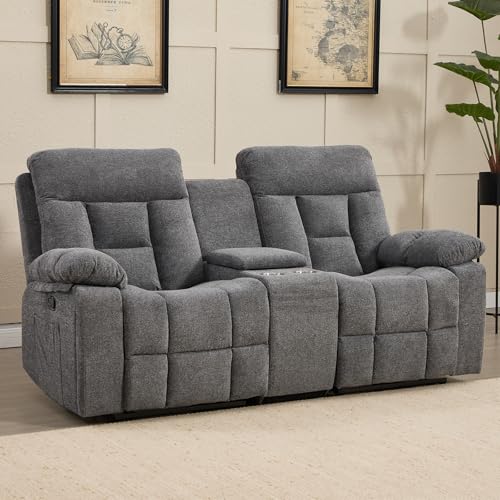 CANMOV Loveseat Recliner, Manual Recliner Sofa Chair for Living Room, Reclining Sofa with Storage Console,Hidden Cup Holders, 2 Seat, Grey