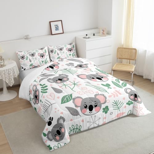 Image of Feelyou Koala Comforter Set - King Size, Cute Koala Cartoon Duvet Set for Kids & Toddlers, Lightweight Botanical Plant Quilt Set