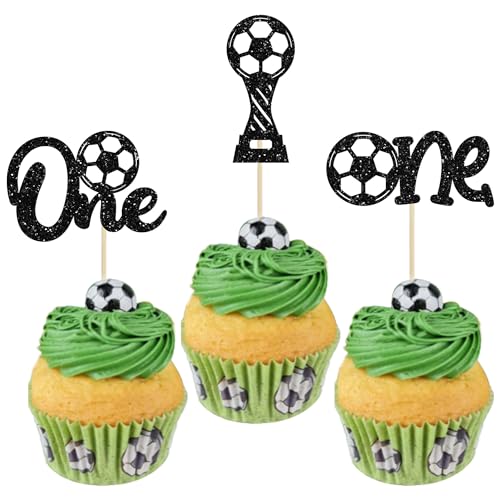24Pcs Soccer One Cupcake Toppers Glitter Sports Theme