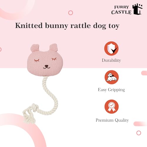 Image of Knitted Bunny Ratle Dog Toy Polyester and Cotton with Thick Cord and Squeakers - Pink