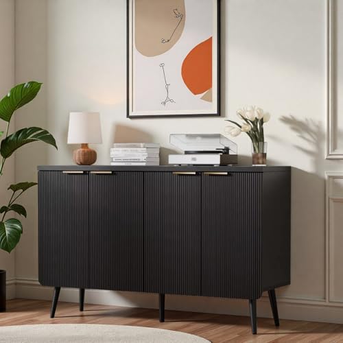 ComeWay 47.2 Modern Fluted Sideboard Cabinet with 4 Doors Wood Storage Credenza with Shelves Multi-Purpose Buffet Cabinet for Entryway Dining & Living Room Black