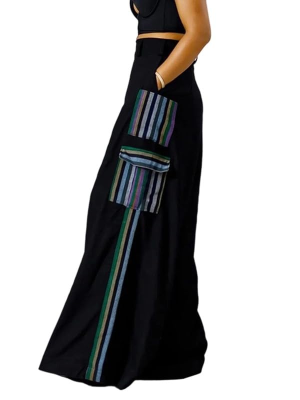 UOOZEE Womens Elastic High Waisted Striped Wide Leg Pants Business Work Casual Loose Flowy Trousers