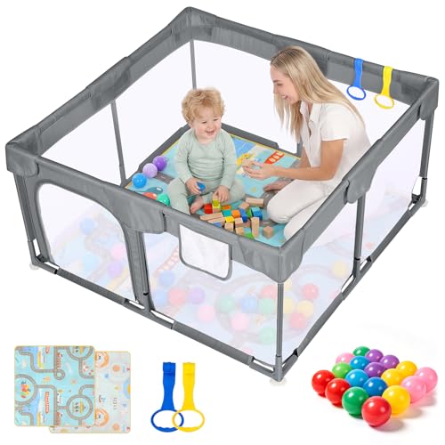 Image of Kidirect Baby Playpen with Play Mat 47x47,Ash | Small Playpen for Babies & Toddlers, Activity Center, Indoor Outdoor