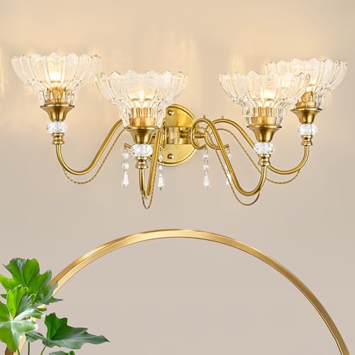 Image of Vintage Bathroom Vanity Light, 4-Light Brushed Gold Finish Wall Sconce with Hanging Crystal Accents and Flower-Shaped Clear Glass Shades, Retro Wall Mount Vanity Light Over Mirror for Bathroom