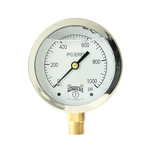 Image of Winters 2-1 /2 inch Dial Size, Liquid Filled Industrial Pressure Gauge, Brass Internals, 304 Stainless Steel Case, Single Scale 0-1,000 psi, 1.5% Acc, 1 /4 inch NPT Bottom Mount, Glycerin Filled Pressure Gauge