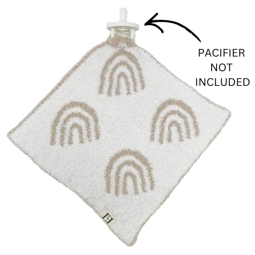 Image of L+L USA Rainbow Baby Lovey Pacifier /Teether Holder 10 inchx10 inch - DreamSoft Plush Fluffy Cuddly Soothie Reversible Mini Comfort Blanket - Cute Newborn Gift Essential Babies Boys Girls (Tan /White)