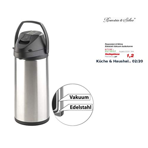 Foto von Rosenstein & Söhne Teekanne: Doppelwandige Vakuum-Isolierkanne mit Pumpsystem, Edelstahl, 5 Liter (Thermokanne zum Pumpe, Edelstahl-Pump-Vakuum-Isolierkanne, Winter)
