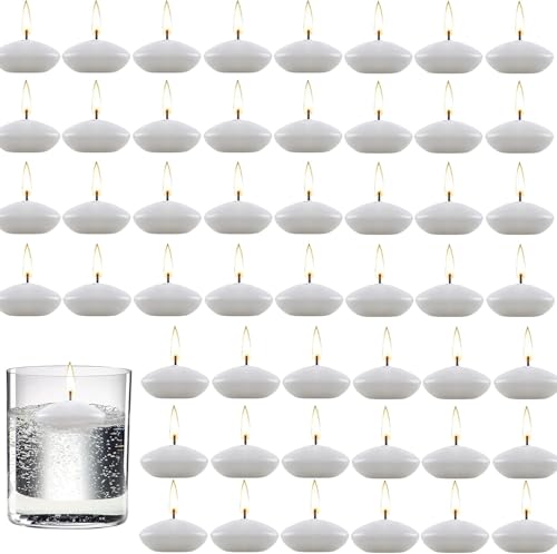 50 Pieces 1.5 Inch Unscented Floating Candles Set, Small Floating Candles for Centerpieces Dripless Wax Discs for Holiday, Wedding, Halloween, Christmas, Valentine's Day, Pool Party(White)