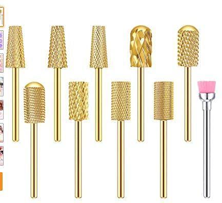 10 Pieces Nail Drill Bits Set, Cone Tapered Barrel Carbide Nail Cuticle Drill Bit, 3 Pieces Flat Top Large Barrel Carbide Bit, 3 Pieces Round Top Large Barrel Head Nail Carbide Bit, Gold