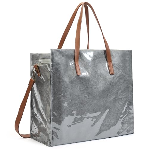 Azooken TPU Full Zip Tote Bag,Bolsos de Viaje de Negocios,Bolsa de Trabajo Para Portátil de 15.6',Bolsa de Compras Grande de Tyvek para Mujer(DBZ01-Grey)