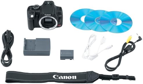 Contents of the Canon Rebel XT box, including camera body, battery, charger, cables, strap, and software discs.