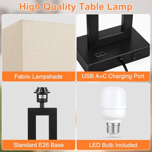 Seealle 26.3in Big Bedroom Table Lamps Set of 2 -Touch Control, 3 Way Dimmable, USB C+A Charging, LED Bulbs, Easy Assembly by Seealle - Used condition - Image 3