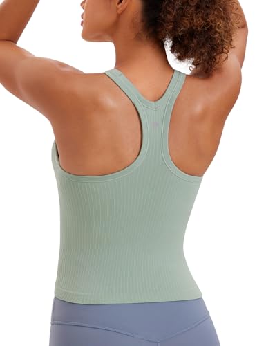 Image of CRZ YOGA Seamless Rib Racerback Tank Tops | Light Support, Built in Bra, Removable Pads, Yoga, Ribbed, High Neck, for Women