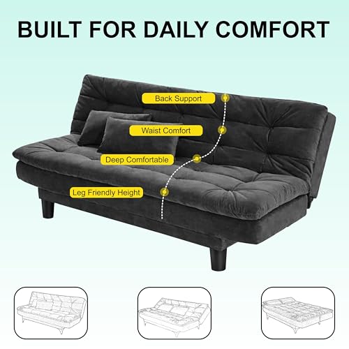 Image of Modern 3 Seater Sofa Cum Bed with Cushions, Foldable Convertible Couch, Velvet Fabric Sleeper Sofa for Living Room, Guest Room, Black