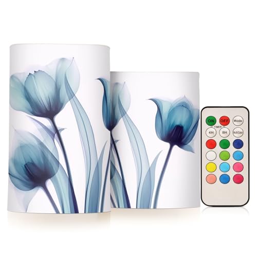 Image of Flickering Flameless Candles, Blue Tulip Flower LED Candles with Remote Timer, Set of 2 Battery Operated Candle for Valentine Wedding Birthday