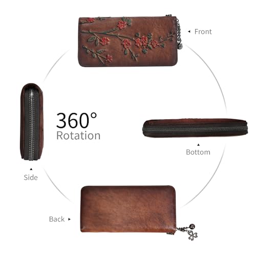 Image of Wallet Genuine Leather for Women - with RFID Blocking Card checkbook ID Slot Large Capacity Vintage style (flower coffee)