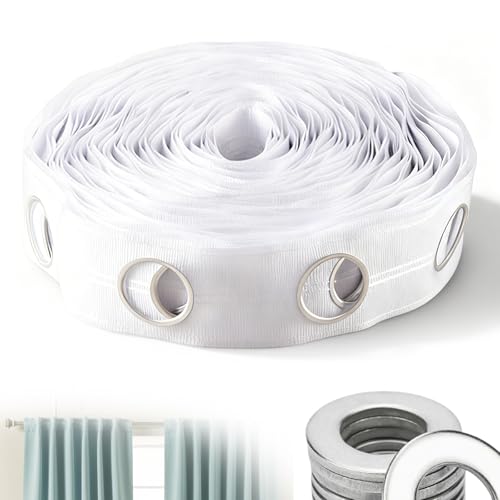 12M (13.1Yards) Curtain Header Tape, White Curtain Heading Tape with 96 Pcs Eyelet Rings (42mm Inner Diameter) for Home Perforated Curtains Header DIY Decoration