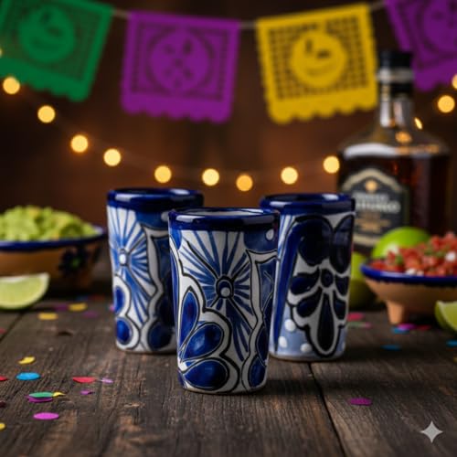 Image of Talavera Shot Glasses Set of 4 Authentic Mexican Tequila Shot Glasses - Hand-painted - 2 Oz (Classic Talavera Blue)