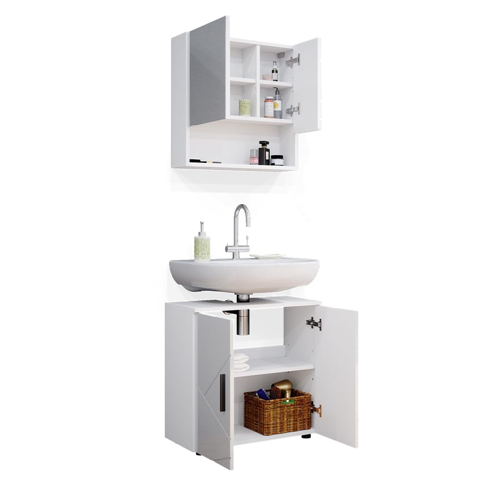 Vicco Set mobili bagno Irma, Bianco lucido, 80 cm, composto da specchio da bagno e mobile sottolavabo