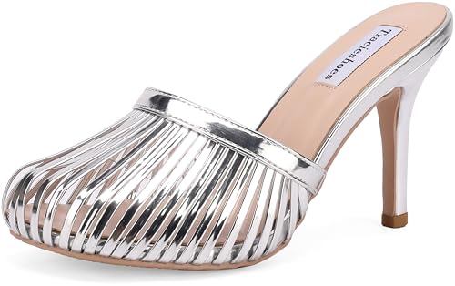 Women's Strappy Mule Sandals Round Toe Stiletto High Heeled Slip-on Slippers Patent Metallic Leather Ladies Shoes 3.5 Inch