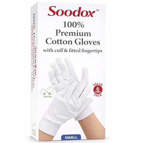 Soodox 100% Cotton Gloves, 6 Pairs, Overnight Lotion Gloves for Dry Hands, Breathable Reusable Liners with Cuff & Fitted Fingertips, Small