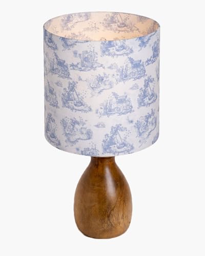 Image of Homesake Wooden Table Lamp Bedside & Living Room Lamp | E27 Holder, Bulb Included | Warm Light | Desk Nightstand Light, Decorative Lamp for Bedroom, Study & Home Decor (KD Blue Printed Drum)