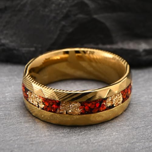Gold Damascus Steel Rings for Men and Women 8mm Hammered Inlaid with Red Opal and gold foil Men's Engagement Wedding Bands High Polished3