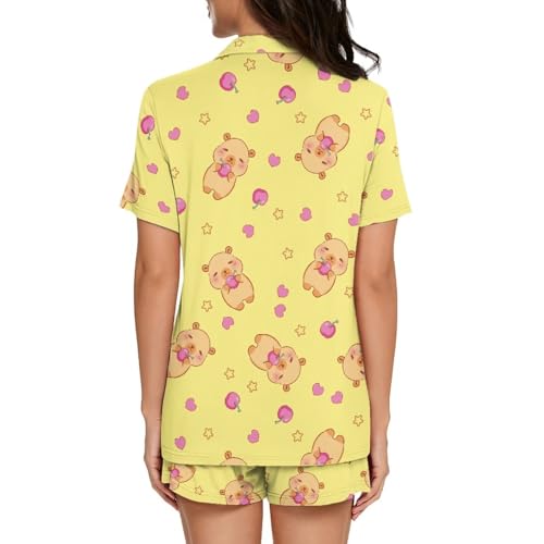 Image of Women's Short Sleeve Sleepwear Button 2 Piece Plus Size Pajamas Casual Soft Stretchy Funny Nightwear with Pockets