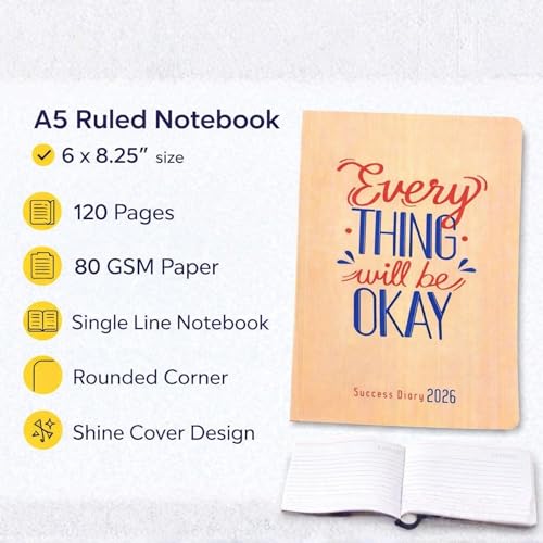 Image of Success Diary 2026 A5 Ruled Notebook | Motivational Quote Cover | 120 Pages | 80 GSM Paper | Rounded Corners | Single Line | Daily Writing Journal (Everything Will Be Ok)