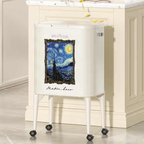 Image of MRBIN Metal Kitchen Trash Can with Wheel Legs, 36L / 9.5gal Medium Press Lid Slim Removable Waste Basket, Pet Proof Tall Narrow Garbage Pail for Vanity, Bedroom, Bathroom, Living Room, Starry Night