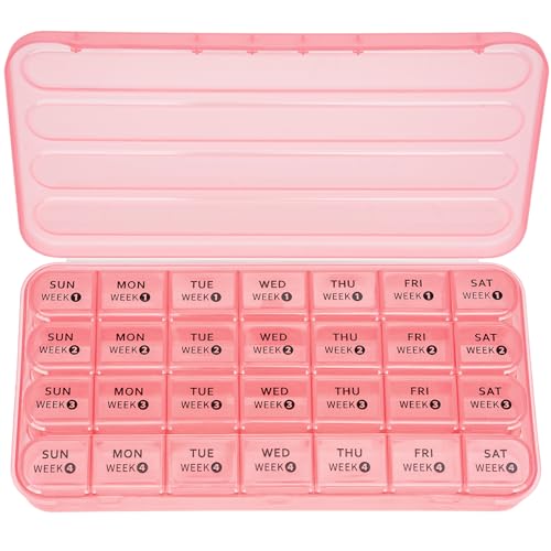 Betife Monthly Pill Organizer 1 Time a Day 4 Weekly Pill Box Organizer Once a Day 28 Day Large Pill Case for Travel 28 Day Daily Medcine Container for Vitamins Supplement & Medication (Pink)