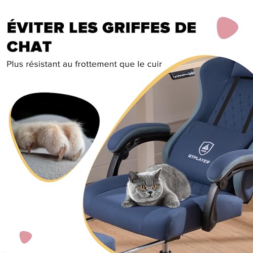 GTPLAYER Chaise Gaming Bureau Ergonomique Fauteuil Gaming Leathaire, accoudoir inclinable, avec Repose-Pieds Bleu foncé – Image 6