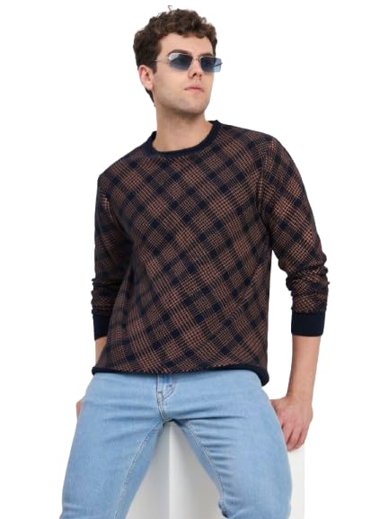 Men's Checked Sweatshirt, Navy Blue and Brown, Round Neck-picture-40