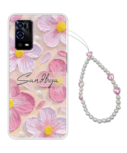 Image of COBERTA Name Customized Back Cover for Oppo A55 Back Cover Personalized Case with Phone Charm Chain Strap Beads & Pearls for Girls Stylish - Pink Floral Flower Heart - CUSTD16689