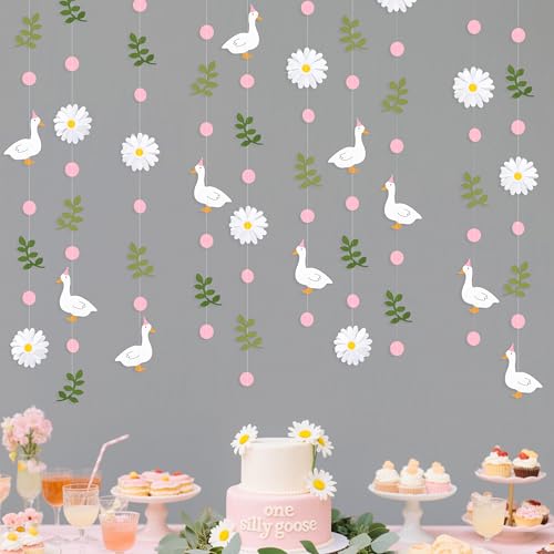 Image of Pink Silly Goose 3D Daisy Flower Leaf Polka Dot Hanging Streamer Garland Banner for Silly Goose Themed Birthday Wedding Bridal Shower Spring Summer Party Decorations Supplies