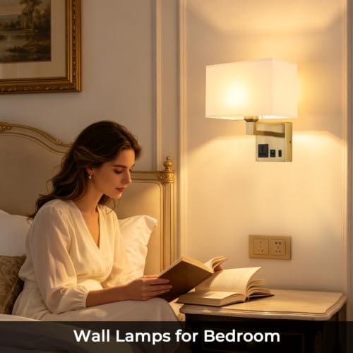 Image of Plug in Wall Sconces, Wall Lamp with Brass Base Square lampshade | Wall Lamps for Bedroom Bulb Included, Wall Mounted Lamp with 3 Color Temperature, Bedside Lamps with USB Ports and AC Outlet