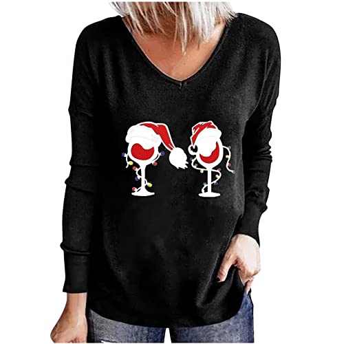 Mujer Suéter de Navidad, Cuello Redondo Copa de Vino Tinto Camiseta de Manga Larga Jersey Navideño Mujer Sudaderas De Estampado Jersey Christmas Cuello en V Pullover Navideño Sudaderas